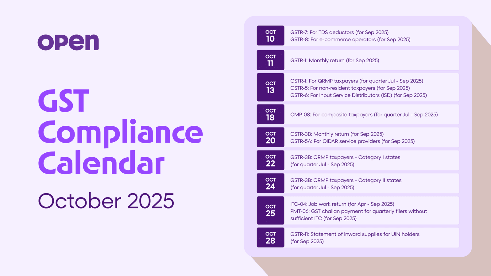 gst calendar october 2025
